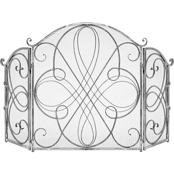 JYLP 3-Panel Wrought Iron Fireplace Screen, 55x33 Inch Decorative Scroll See-Through Metal Spark Guard, Foldable Safety Fireplace Protector with Low-Heat Handles, Pewter Finish