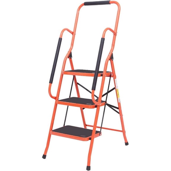JYLP 3-Step Folding Step Ladder, Anti-Slip Steel Step Stool with Padded Handrails 330LBS Capacity