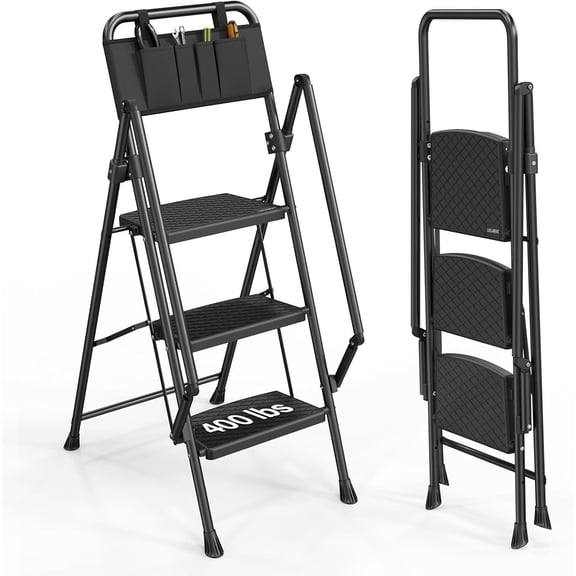 JYLP 3-Step Folding Step Ladder with Handrails, 500LBS Heavy Duty Anti-Slip Step Stool Black