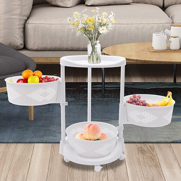 JYLP 3-Tier Rolling Kitchen Storage Cart, Rotatable & Height-Adjustable Basket Shelf with Lockable Wheels, White Fruit & Vegetable Organizer
