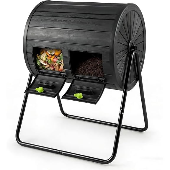 JYLP 37.5 Gallon Dual Chamber Compost Tumbler, BPA-Free Rotating Composter with Lockable Doors, Outdoor Compost Bin for Kitchen Garden Yard Waste, Black