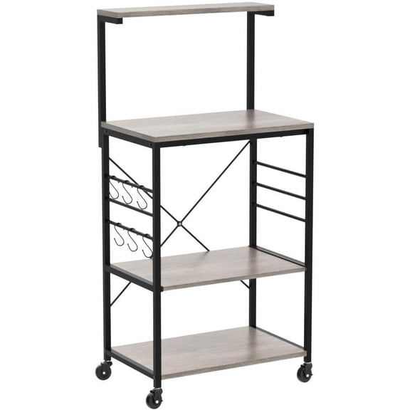 JYLP 4 Tier Rolling Kitchen Bakers Rack, 24"W Microwave Stand Coffee Bar Cart with 6 S-Hooks, Adjustable Feet & Lockable Wheels, Industrial Utility Storage Shelf, Gray