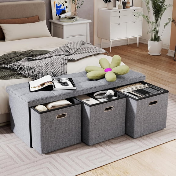 JYLP 43 Inches Folding Storage Ottoman Bench with 3 Drawers, 660lbs Capacity Padded Seat Foot Rest Stool, Foldable MDF End of Bed Bench for Living Room Bedroom Entryway, Grey