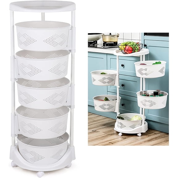 JYLP 5-Tier Rolling Kitchen Storage Cart, Rotatable & Height-Adjustable Basket Shelf with Lockable Wheels, White Fruit & Vegetable Organizer