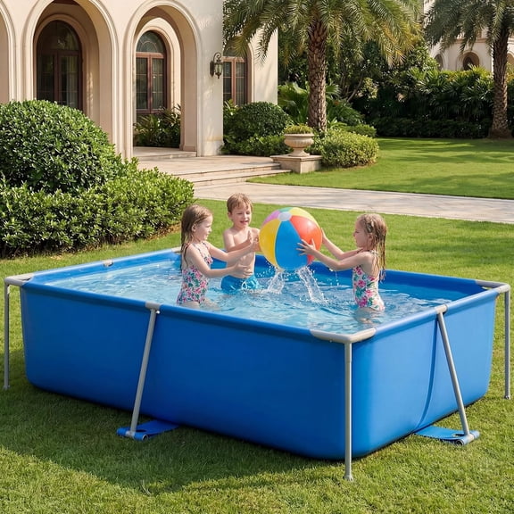 JYLP 8'x6' Metal Frame Above Ground Swimming Pool, 520 Gallon Rectangular Durable PVC Pool, 86.2259.0623.62 Inch Easy Setup Outdoor Family Pool for Backyard Garden Camping