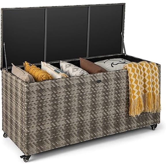 JYLP 96 Gallon PE Wicker Outdoor Storage Deck Box, Grey Rattan Storage Chest with Wheels & Liner, 2-in-1 Patio Organizer for Cushions Tools Pool Accessories