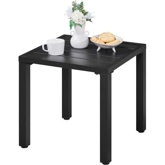 JYLP Black Metal Square Outdoor Side Table, 18 Inch Weatherproof Small End Table Heavy Duty Frame Indoor Outdoor Accent Table for Patio Porch Deck Pool