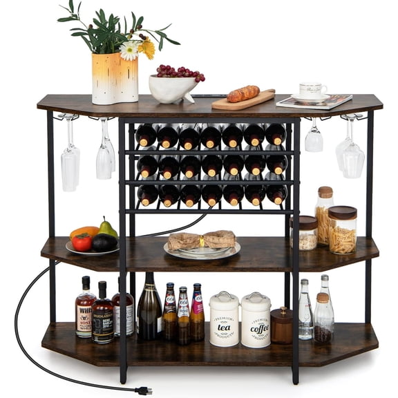 JYLP Rustic Brown 3 Tier Wine Bar Cabinet with Power Outlets 21 Bottle Racks and Glass Holders for Kitchen Dining Room 47.5 Inch Wide