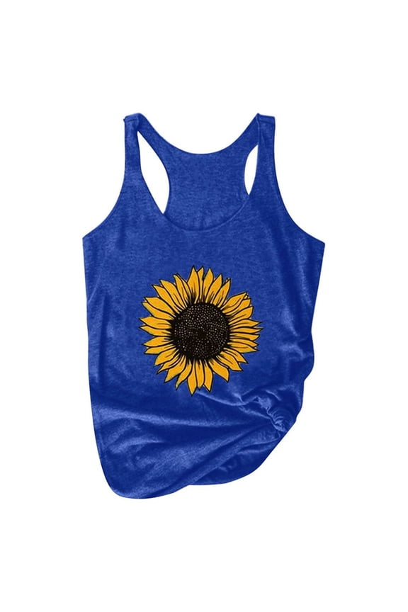 Baggy Shirts Print Round Sunflower Women Sleeveless Tank Top T-Shirt Neck Plus Size Summer Women's Tanks Camis Womens Tshirt(Blue,S)