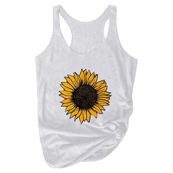 JYLPZYR Baggy Shirts Print Round Sunflower Women Sleeveless Tank Top T-Shirt Neck Plus Size Summer Women's Tanks Camis Womens Tshirt(White,XXL)