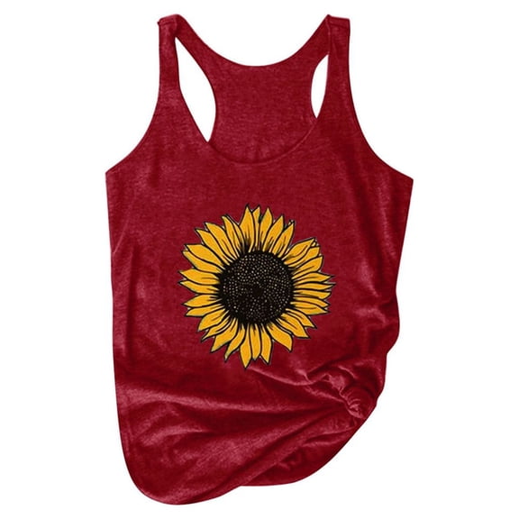 JYLPZYR Baggy Shirts Print Round Sunflower Women Sleeveless Tank Top T-Shirt Neck Plus Size Summer Women's Tanks Camis Womens Tshirt(Wine Red,M)