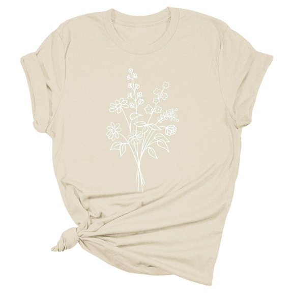 JYLPZYR Flowy Shirts for Women Women's Summer Floral Blouse Casual Wildflower Pattern Short Sleeves Plus Size Top Look Younger Every Day Short Sleeve(Beige,M)