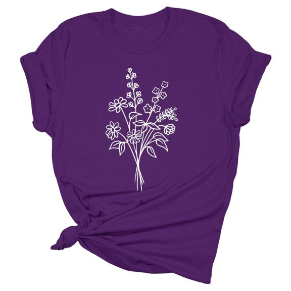 JYLPZYR Flowy Shirts for Women Women's Summer Floral Blouse Casual Wildflower Pattern Short Sleeves Plus Size Top Look Younger Every Day Short Sleeve(Purple,S)