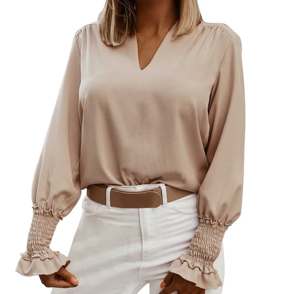 JYLPZYR Flowy Shirts for Women Women's Summer Casual Fashion Solid Color Simple Cuff Tie V Neck Shirt Womens T Shirt(Khaki,XL)