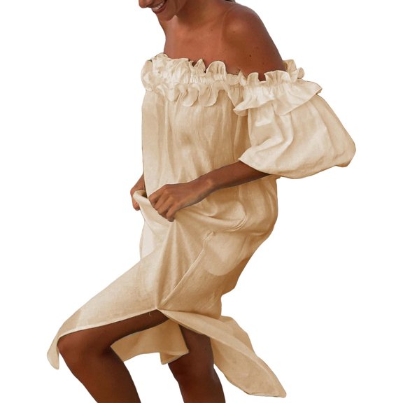JYLPZYR Garden Party Dress Women Off Shoulder Ruffle Puff Sleeve Midi Dress Boho Ruffled Flowy A Line Long Dres Smocked Side Split Maxi Dress Mid-Length(Beige,S)