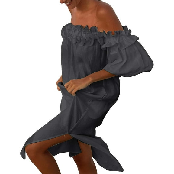 JYLPZYR Garden Party Dress Women Off Shoulder Ruffle Puff Sleeve Midi Dress Boho Ruffled Flowy A Line Long Dres Smocked Side Split Maxi Dress Mid-Length(Black,L)