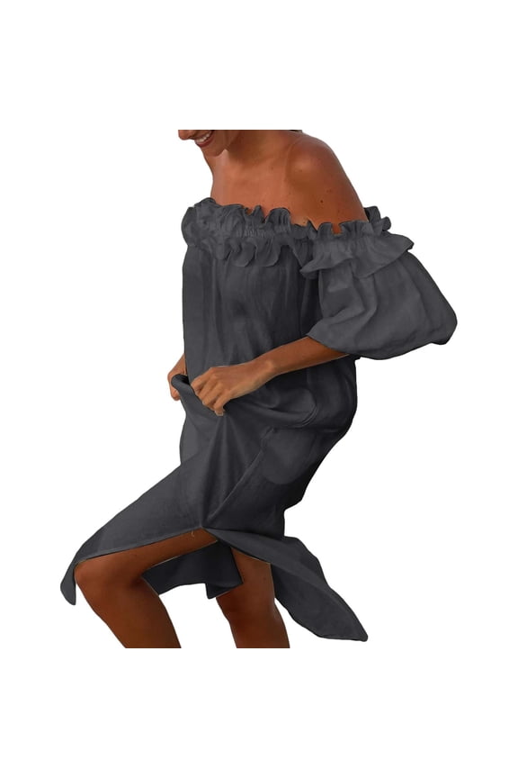 Garden Party Dress Women Off Shoulder Ruffle Puff Sleeve Midi Dress Boho Ruffled Flowy A Line Long Dres Smocked Side Split Maxi Dress Mid-Length(Black,M)