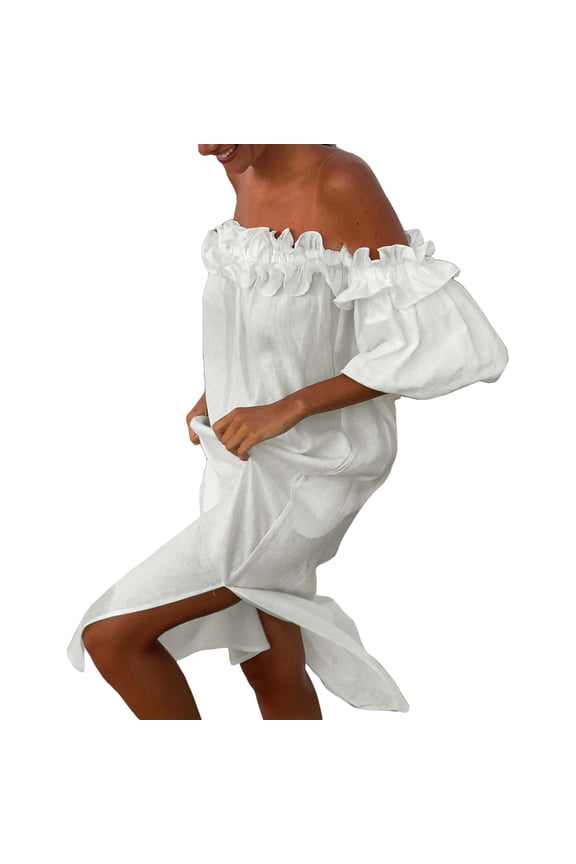 Garden Party Dress Women Off Shoulder Ruffle Puff Sleeve Midi Dress Boho Ruffled Flowy A Line Long Dres Smocked Side Split Maxi Dress Mid-Length(White,XL)