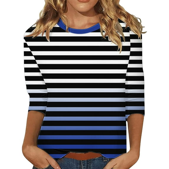 JYLPZYR Oversize Tshirt Women Tops for Womens Casual Summer Tops Three Quarter Sleeve Round Neck Tee T Shirt Printed Loose Side Split Tunic Blouse (Blue,L)