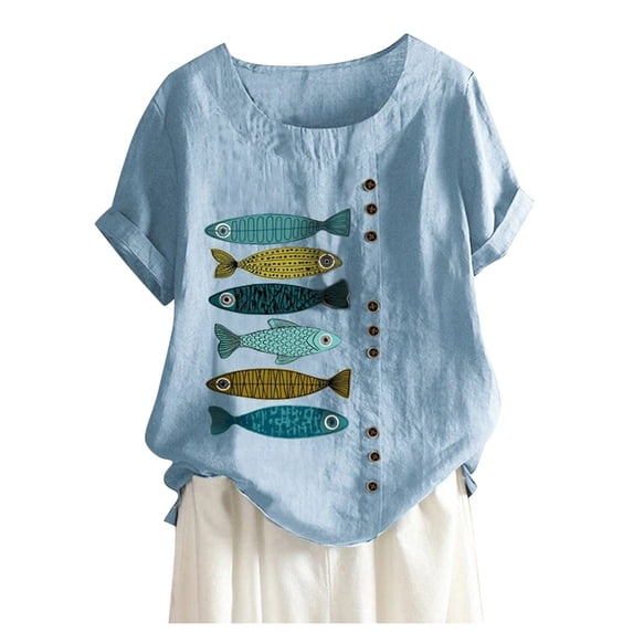 JYLPZYR Oversized Tshirt Women Casual Boho Fish Print Loose Blouse Short Sleeve Shirt Button Top Oversized Tee(Blue,M)