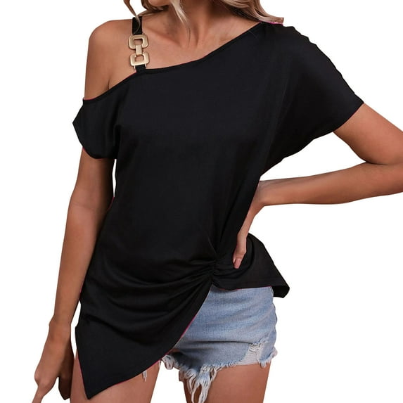 JYLPZYR Oversized Tshirts Women's Sexy Minimalist Short Sleeve Asymmetrical Solid Color off The Shoulder T Shirt Top Oversized Tee(Black,XXL)