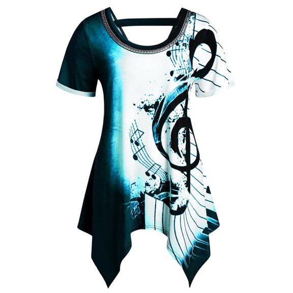 JYLPZYR Oversized Tshirts for Women Women O-Neck Plus Size Short Sleeve Asymmetrical Musical Note Print T Shirt Tops Short Sleeve(Blue,XXXXXL)