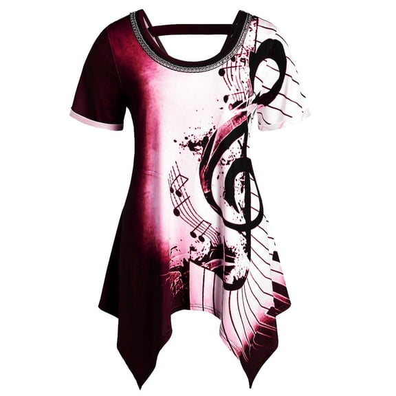 JYLPZYR Oversized Tshirts for Women Women O-Neck Plus Size Short Sleeve Asymmetrical Musical Note Print T Shirt Tops Short Sleeve(Red,XL)