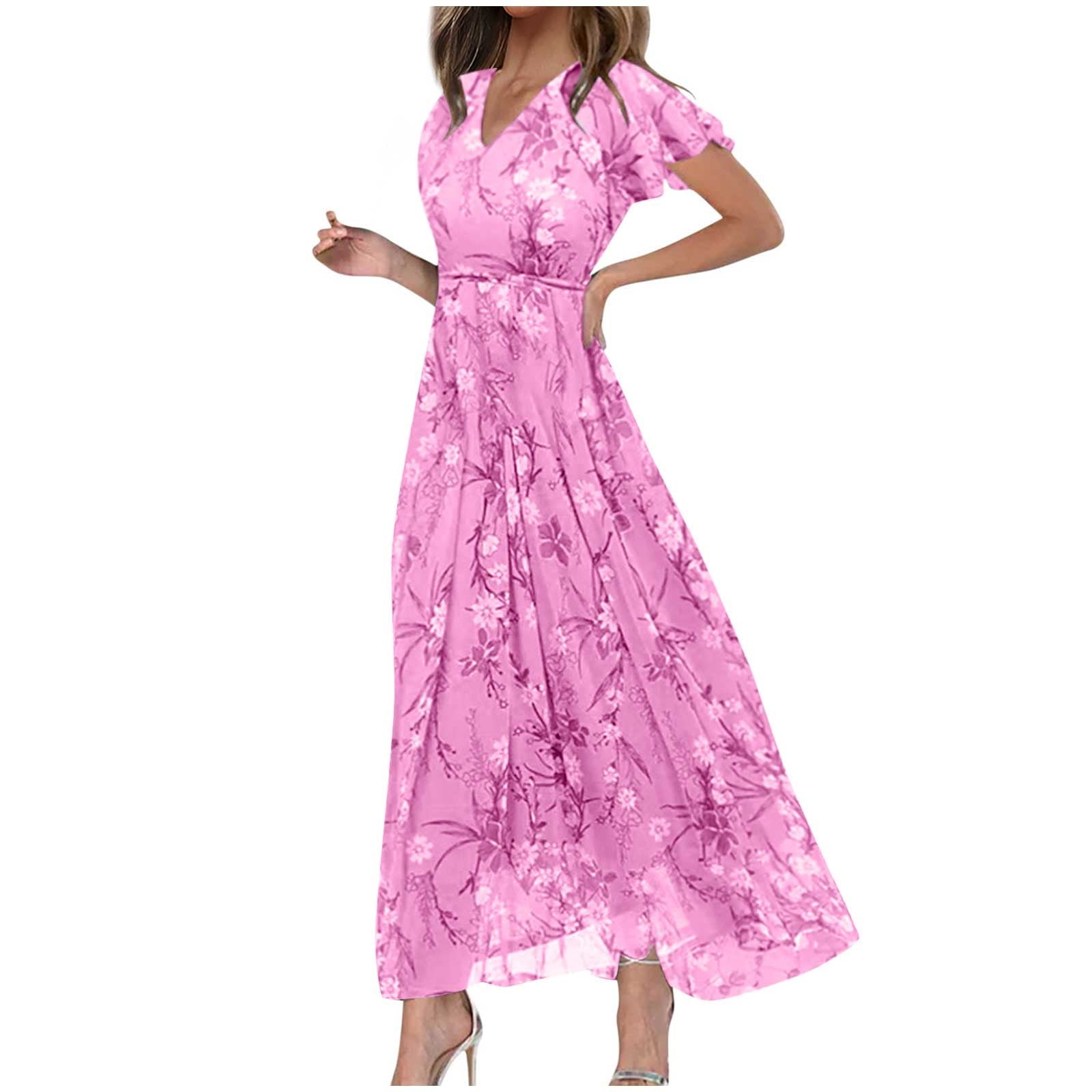 JYLPZYR Petite Summer Dresses For Women Women'S Fashionable Summer Casual Floral V Neck Short Sleeved Long Dress Long(Pink,XXL)