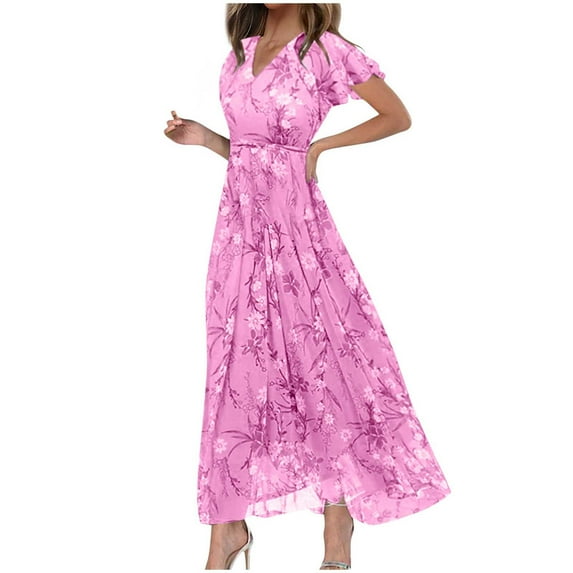 JYLPZYR Petite Summer Dresses For Women Women'S Fashionable Summer Casual Floral V Neck Short Sleeved Long Dress Long(Pink,XXL)