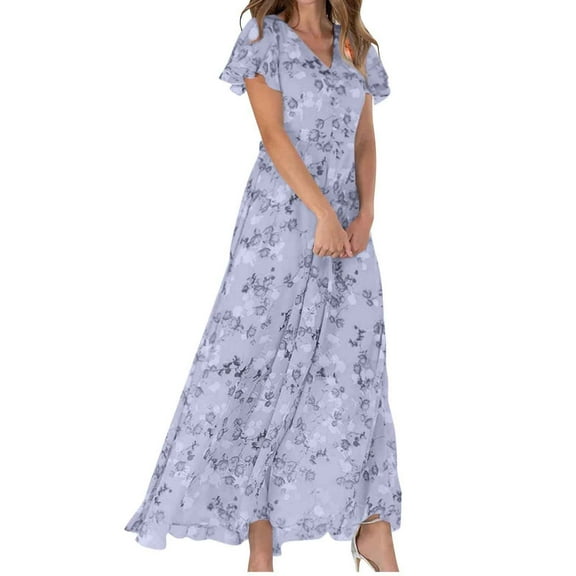 JYLPZYR Petite Summer Dresses For Women Women'S Fashionable Summer Casual Floral V Neck Short Sleeved Long Dress Long(Purple,M)