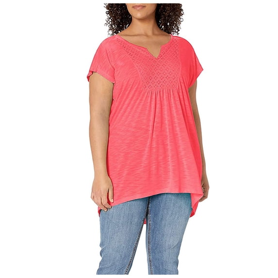 JYLPZYR Plus Size Graphic Tees for Women Women's Plus Size Slub Crochet Bib Tunic Short Sleeve(Red,XXL)