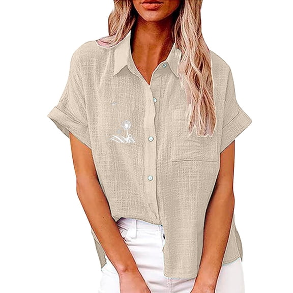 JYLPZYR Shirt for Women 2024 Womens Button Down Shirt Casual Short Sleeve Collared Work Blouse With Pocket (Beige,XXXL)