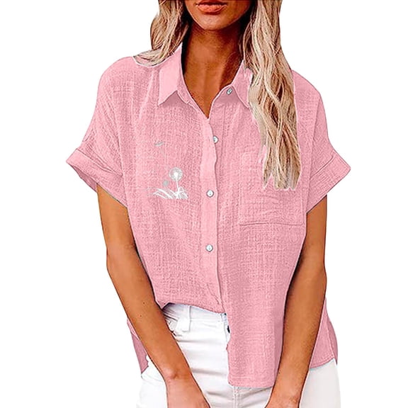 JYLPZYR Shirt for Women 2024 Womens Button Down Shirt Casual Short Sleeve Collared Work Blouse With Pocket (Pink,L)