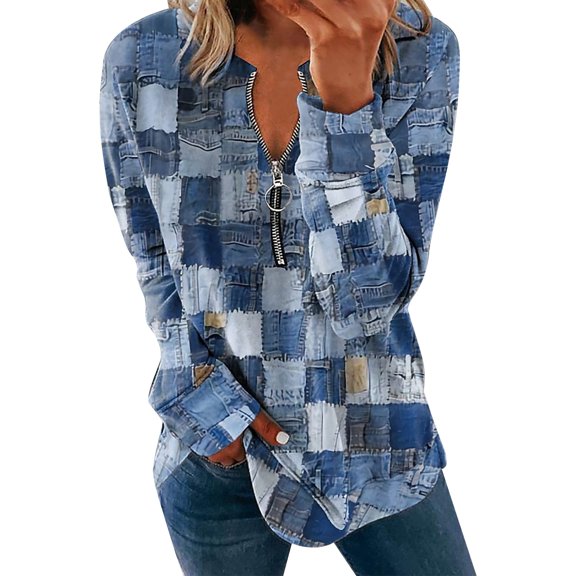 JYLPZYR Short Sleeve Shirts for Women Women's Denim Plaid Printed Zipper Long Sleeve Top Womens Tops(Blue,S)