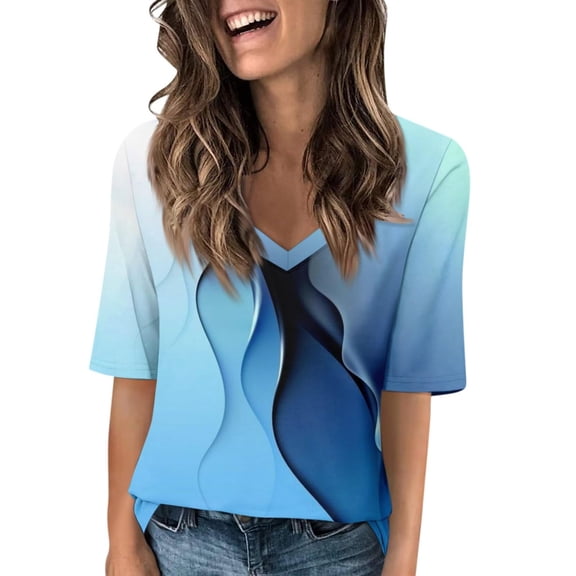 JYLPZYR Summer Tops Summer Tops for Women 2024 Elbow Length V Neck T Shirts Dressy Casual Half Sleeve Fit Basic Tee Tunic Tops Blouse (Light Blue,S)