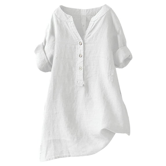 JYLPZYR T-Shirt for Women Loose Button Shirt Top Stand Solid Color Medium Sleeve Collar Casual Women's Shirt (White,L)
