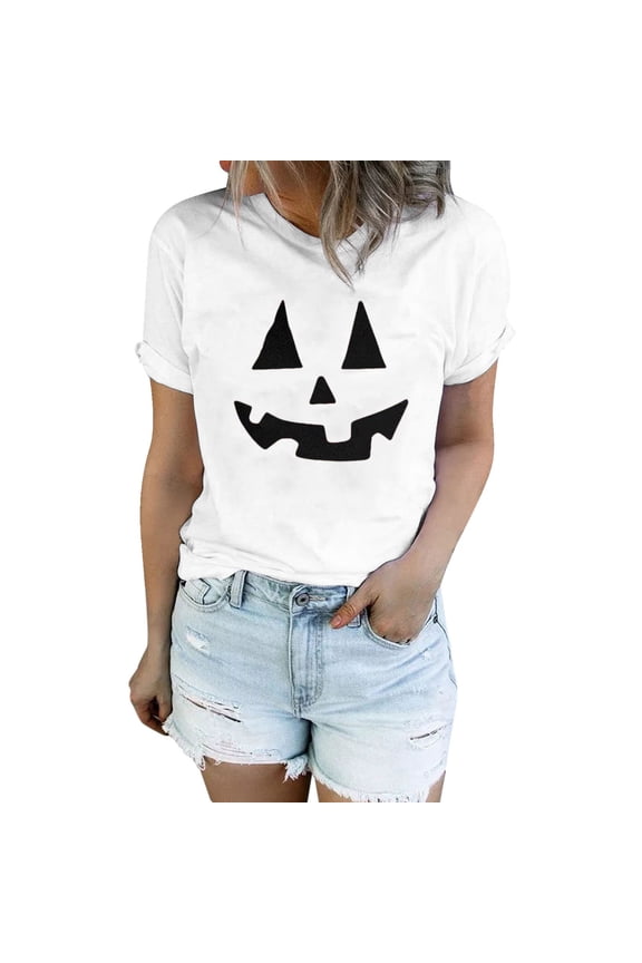 Tshirts Halloween Women Women Casual Halloween Pumpkin Short Sleeve Tee Top T Shirt Women's Blouse (White,S)