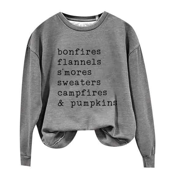 JYLPZYR Tshirts Shirts for Women Bonfires Flannels S' Sweaters and Pumpkins Women's Print Crew Neck Long Sleeve Sweatshirt Summer Tops(Gray,XL)