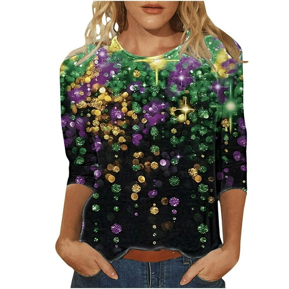 JYLPZYR Women's Carnival Glitter Print 3/4 Sleeve Crew Neck Top (Black,XL)