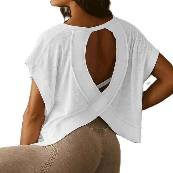 JYLPZYR Women's T-Shirts Going Out Tops for Women Cutout Open Back Summer Crop Top Loose Fit Short Sleeve Tee Shirts Workout Beach Covers (White,L)