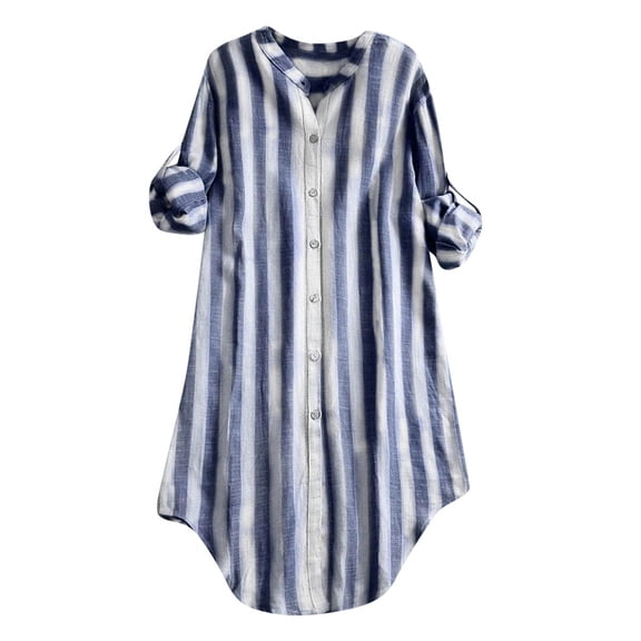 JYLPZYR Women's T-Shirts Women Button Up Pullover Cotton Striped Top Plus Size Tunic Blouse Tall Womens Clothing(Blue,S)