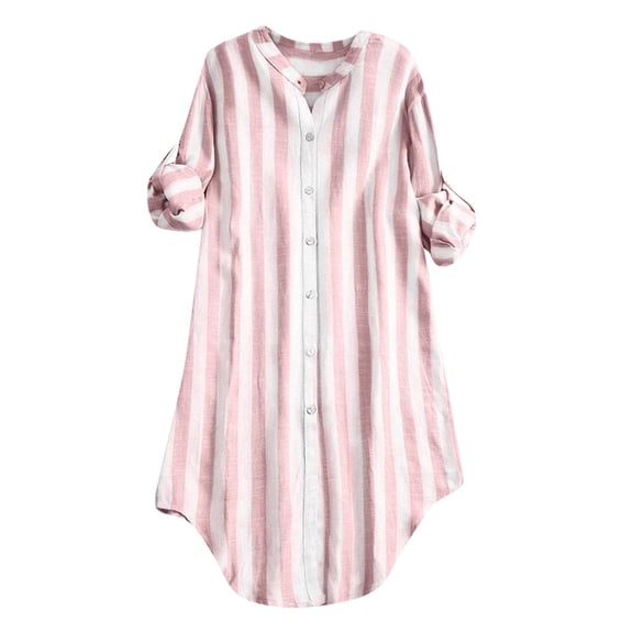 JYLPZYR Women's T-Shirts Women Button Up Pullover Cotton Striped Top Plus Size Tunic Blouse Tall Womens Clothing(Pink,XL)