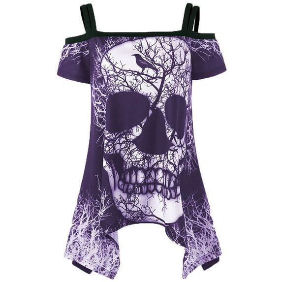 JYLPZYR Women's T-Shirts Women Short Sleeve Skew Collar Skull T-Shirt Shoulder Skull T-Shirt Tops Blouse T-Shirts for Women(Purple,L)