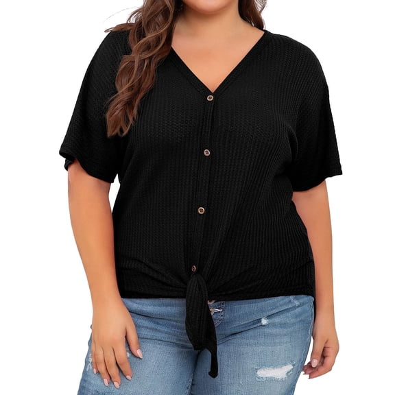 JYLPZYR Womens Plus Size Tops Short Sleeve V Neck Knit Tunic Blouse Tie Front Button Up T Shirts (Black,XXXL)