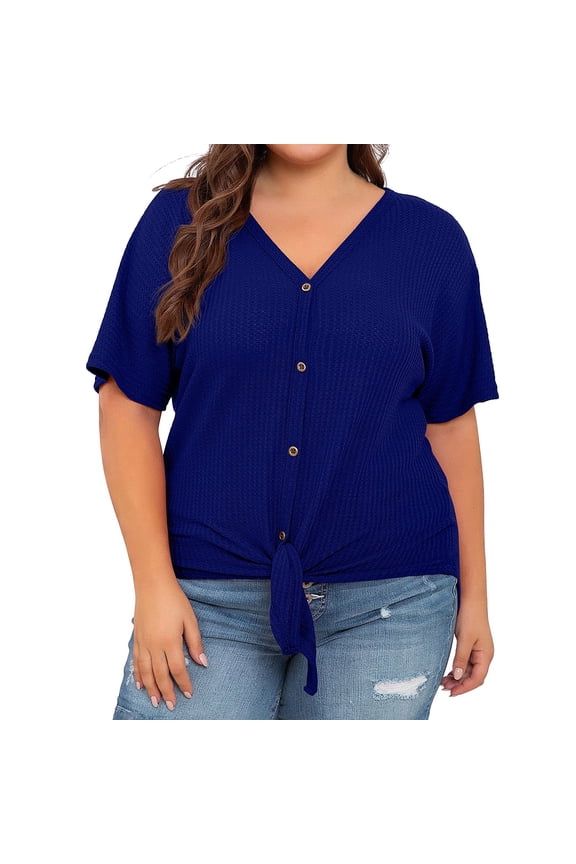 Womens Plus Size Tops Short Sleeve V Neck Knit Tunic Blouse Tie Front Button Up T Shirts (Blue,XL)