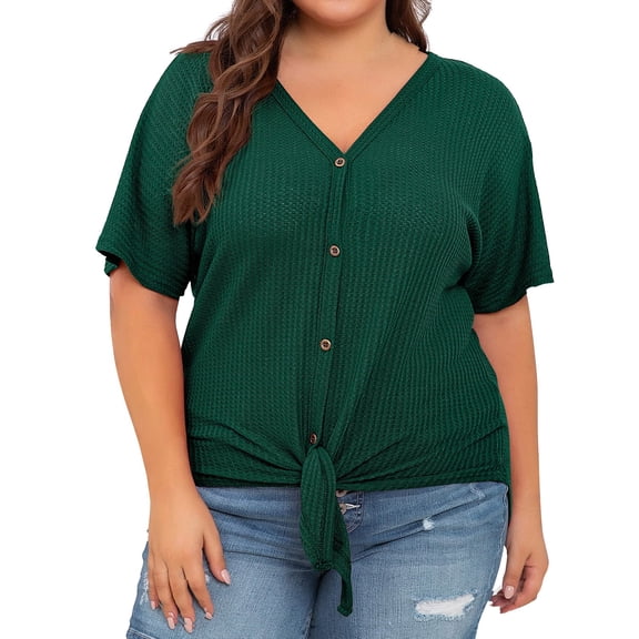 JYLPZYR Womens Plus Size Tops Short Sleeve V Neck Knit Tunic Blouse Tie Front Button Up T Shirts (Green,XXXXXL)
