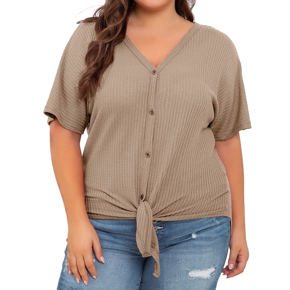 JYLPZYR Womens Plus Size Tops Short Sleeve V Neck Knit Tunic Blouse Tie Front Button Up T Shirts (Khaki,XXXXL)