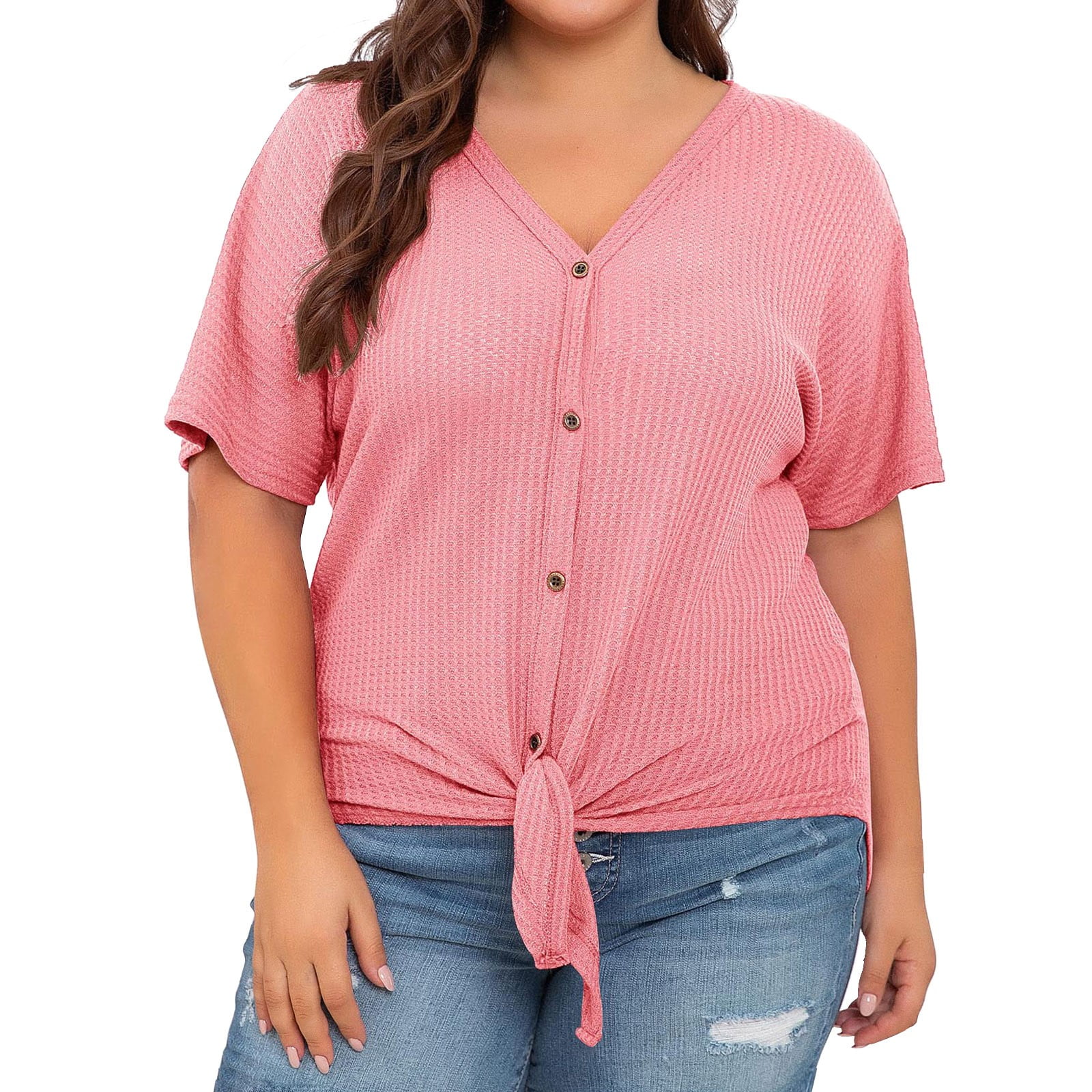 JYLPZYR Womens Plus Size Tops Short Sleeve V Neck Knit Tunic Blouse Tie ...