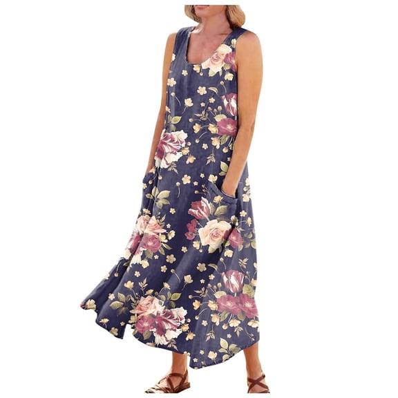 JYLPZYR Womens Sun Dresses 2024 Women'S Floral Print Plus Size Dress Sleeveless Round Neck Loose Stretch Comfortable Plus Size Summer Dress Mid-Length(Blue,XL)