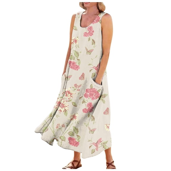JYLPZYR Womens Sun Dresses 2024 Women'S Floral Print Plus Size Dress Sleeveless Round Neck Loose Stretch Comfortable Plus Size Summer Dress Mid-Length(Pink,XL)